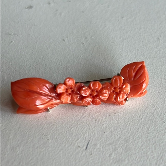 Orange coral carved flower pin brooch